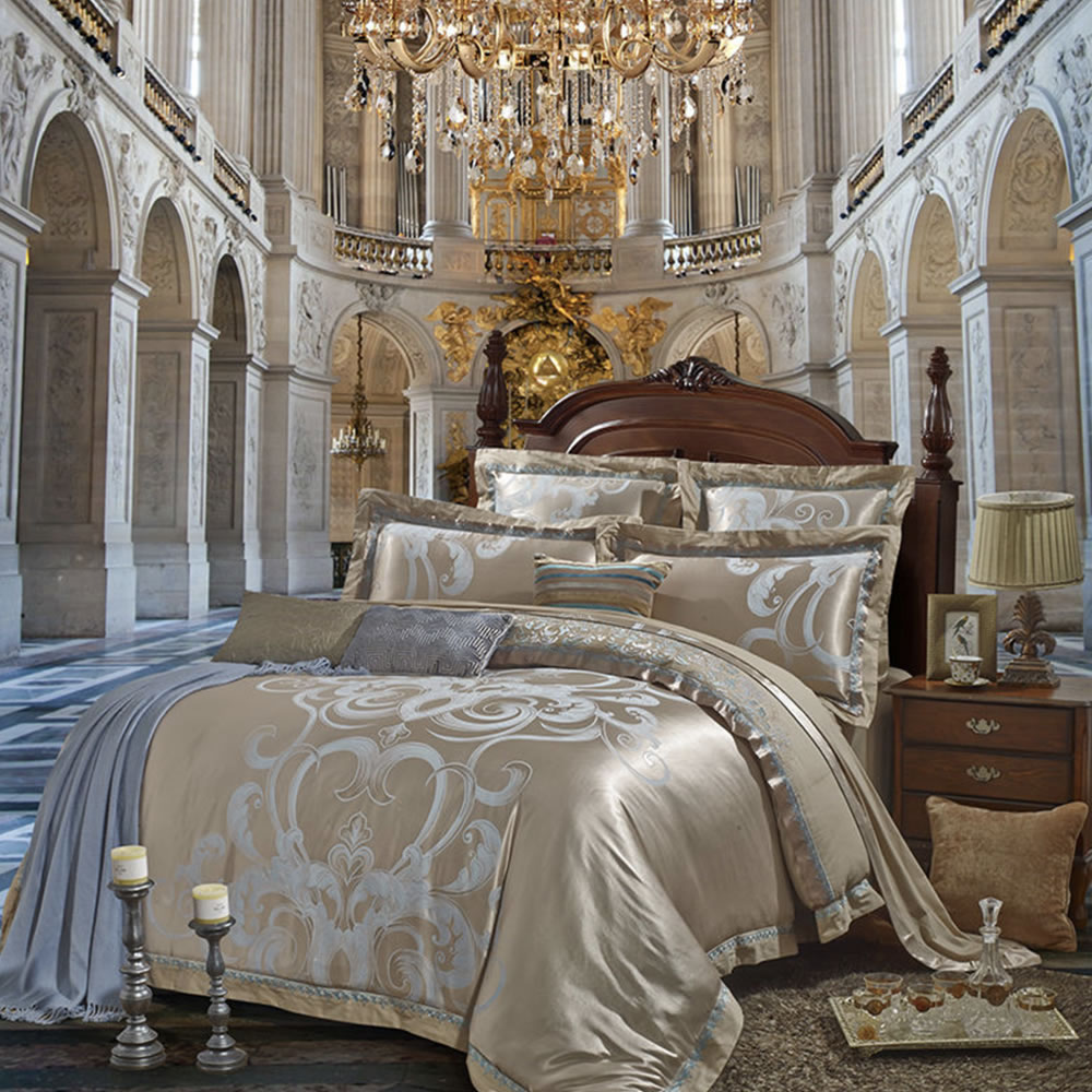 Best luxury bedding — Royal Jacquard 7-Piece Quilt Cover Set in black and antique gold jacquard, full bedroom lifestyle view with matching curtains